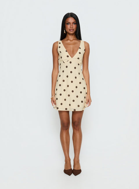 Nellie Mini Dress Lemon / Brown Polka Dot