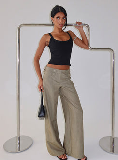 front view of model wearing Princess Polly Jette Tailored Buckle Pant Taupe Pinstripe Mid Rise Pants Pants 