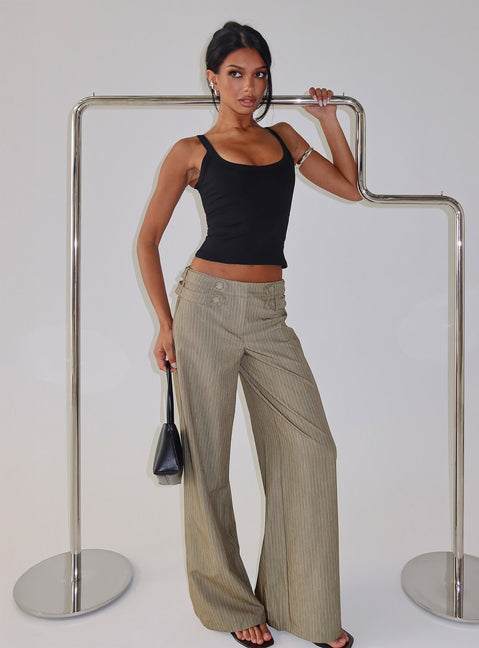 front view of model wearing Princess Polly Jette Tailored Buckle Pant Taupe Pinstripe Mid Rise Pants Pants 