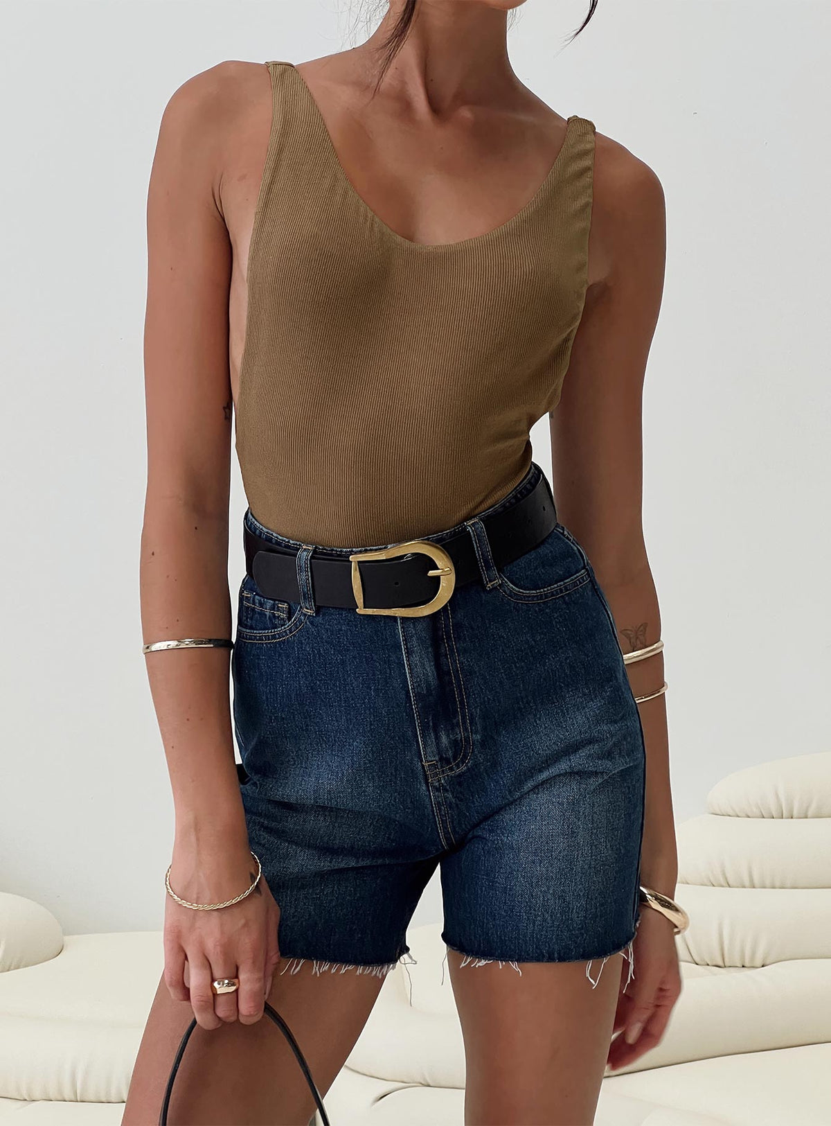 front view of model wearing Princess Polly Yolando Bodysuit Taupe Sleeveless Bodysuit 