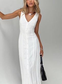 front view of model wearing Princess Polly Summer Season Linen Blend Maxi Dress White Petite V-Neck 