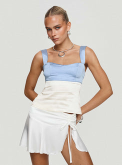 front view of model wearing Princess Polly Chantell Top Blue / White Sleeveless Sweetheart 