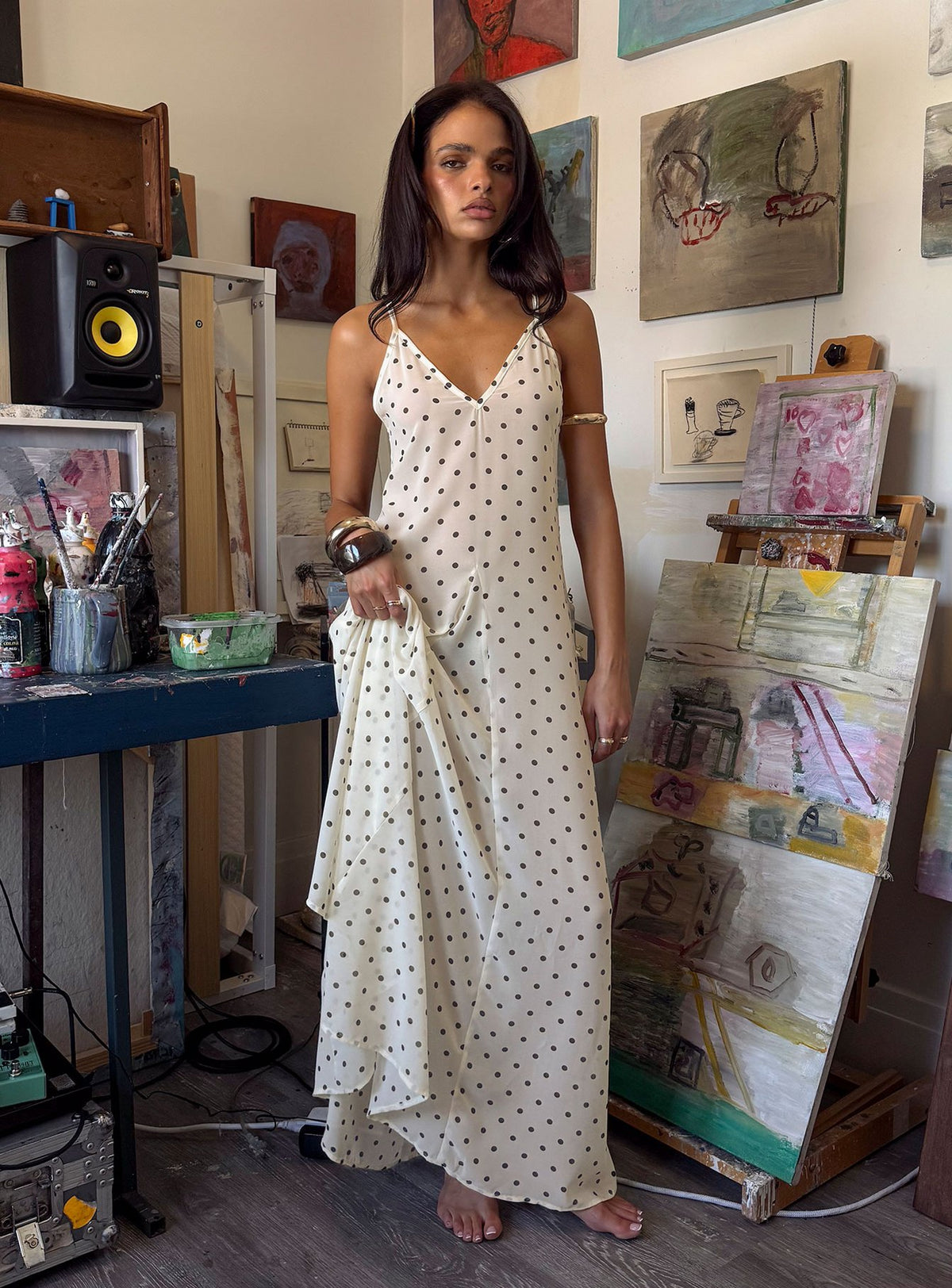 Loulah Sheer Chiffon Maxi Dress Cream Polka Dot