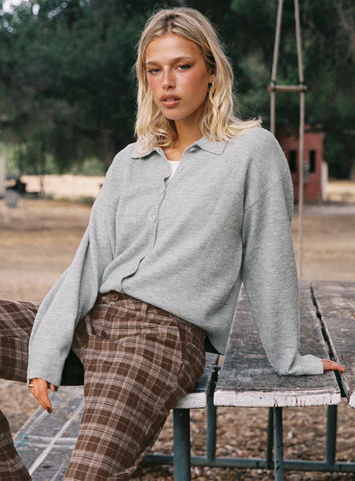 side view of model wearing Princess Polly Nadyna Collared Cardigan Grey Marle Jumpers 