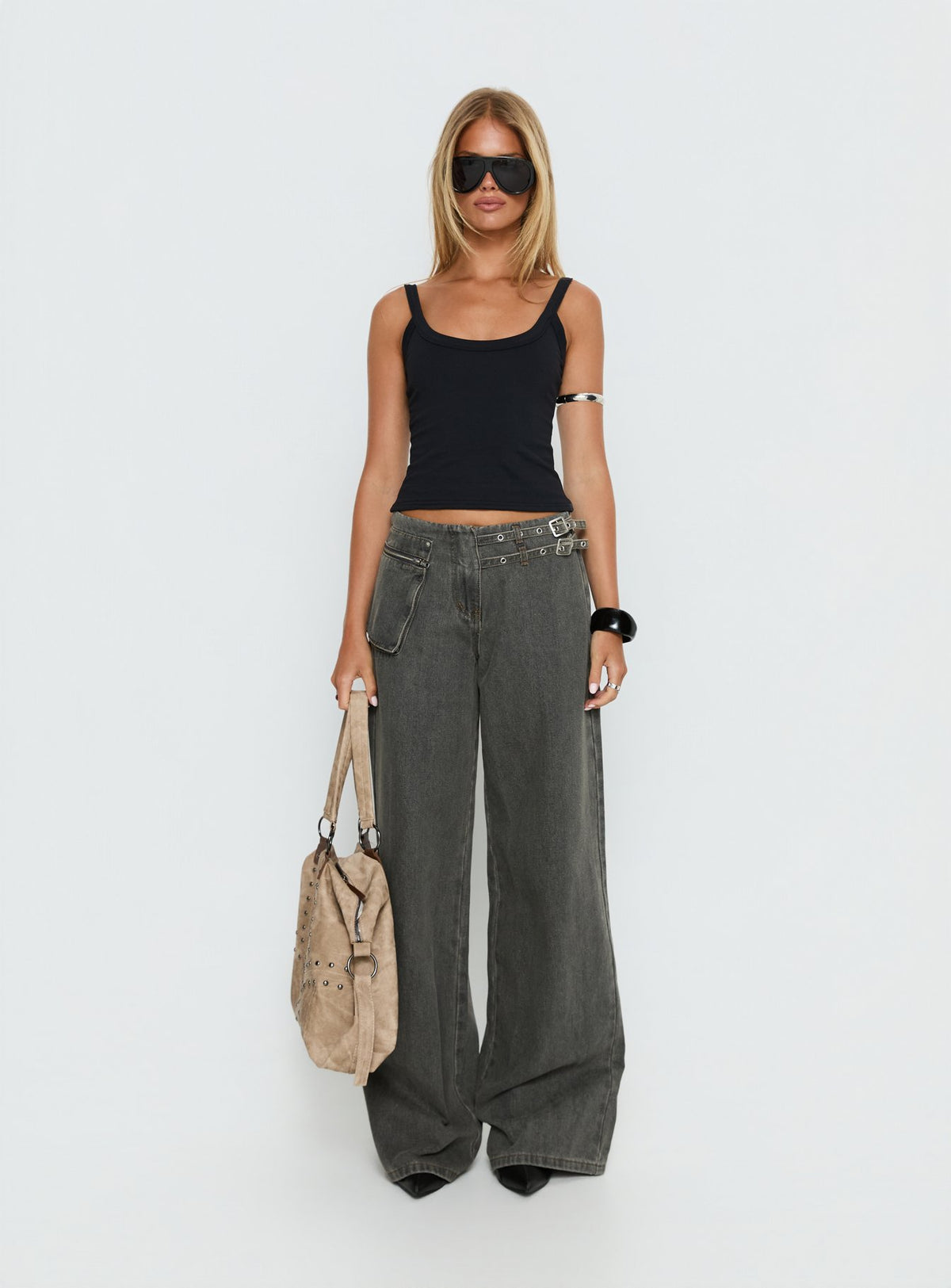 front view of model wearing Princess Polly Paltrow Mid Rise Wide Leg Cargo Jeans Washed Grey Mid Rise Jeans Jeans 