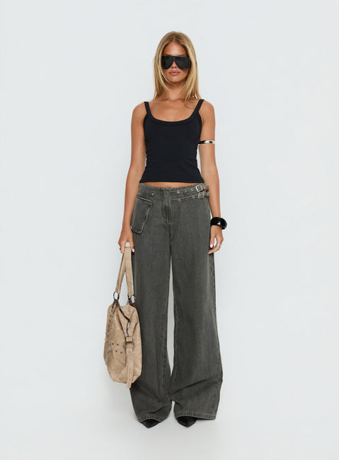 front view of model wearing Princess Polly Paltrow Mid Rise Wide Leg Cargo Jeans Washed Grey Mid Rise Jeans Jeans 