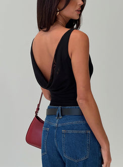 back view of model wearing Princess Polly Axton Cowl Neck Bodysuit Black Sleeveless Bodysuit 
