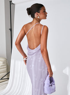 back view of model wearing Princess Polly Jazmira One Shoulder Maxi Dress Lilac Asymmetric Neckline 