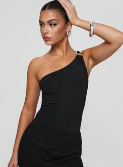 front view of model wearing Princess Polly Talija One Shoulder Bodysuit Black Tall Sleeveless Bodysuit 