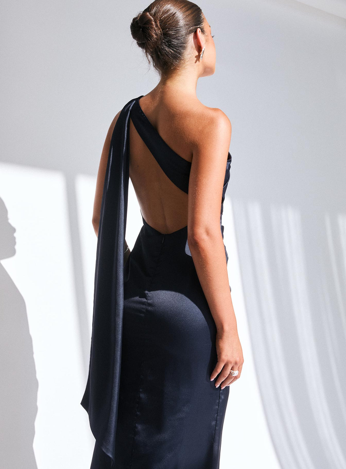 back view of model wearing Princess Polly Dulcia One Shoulder Maxi Dress Blue Asymmetric Neckline 