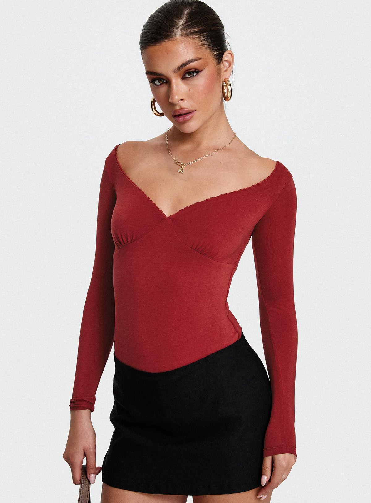 back view of model wearing Princess Polly Loveydove Bodysuit Burgundy Long Sleeve Tops Bodysuit 
