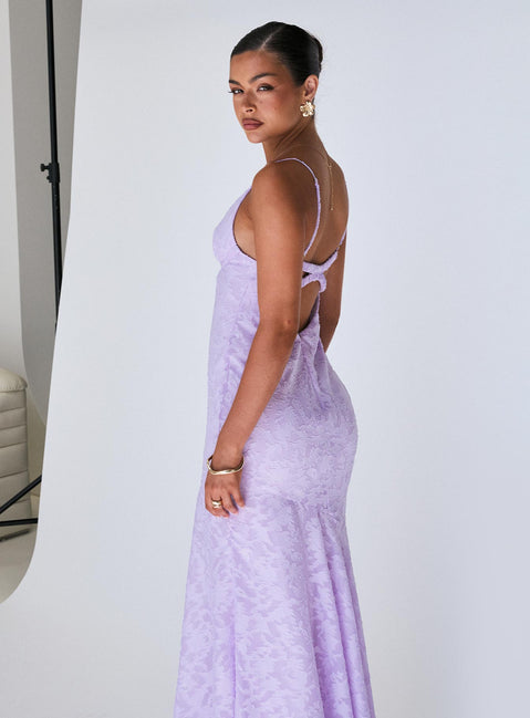 side view of model wearing Princess Polly Cyrene Maxi Dress Lilac Plunger 