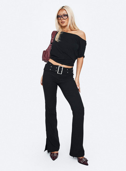 side view of model wearing Princess Polly Kortnee Eyelet Detail Flare Leg Pants Black Low Rise Pants Pants 