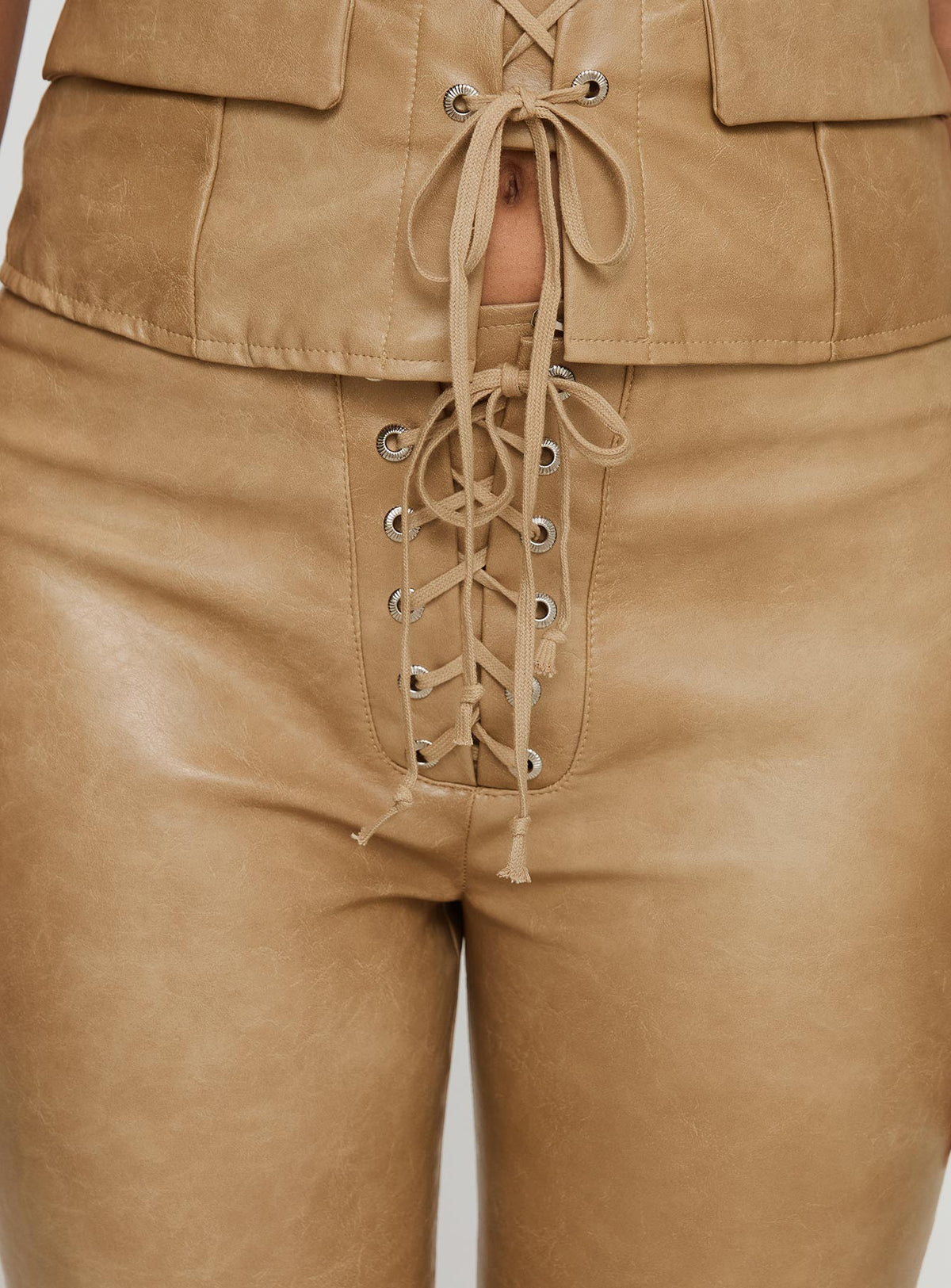 back view of model wearing Princess Polly Roddie Lace Up Pants Brown Low Rise Pants Pants 