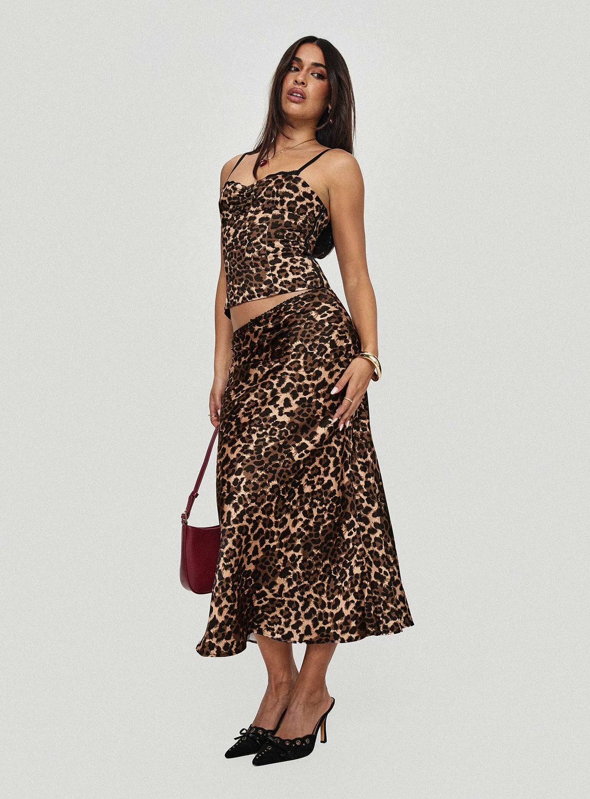 back view of model wearing Princess Polly Enigmatic Maxi Skirt Leopard Maxi Skirts Skirts 
