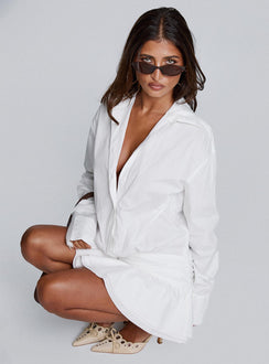 side view of model wearing Princess Polly Girls Girls Girls Mini Dress White V-Neck 