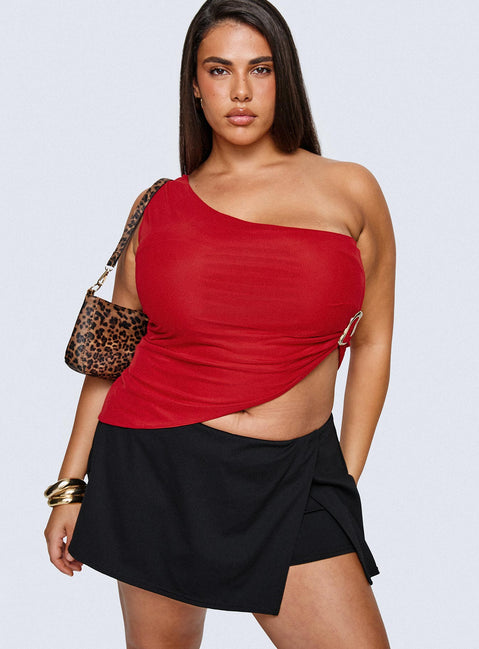 front view of model wearing Princess Polly Machiatto One Shoulder Top Red Curve Sleeveless Asymmetric Neckline 