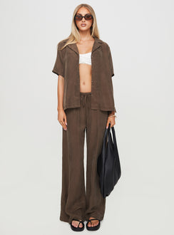 front view of model wearing Princess Polly Mahlab Pants Chocoloate High Rise Pants Pants 