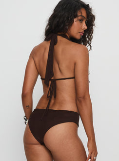 back view of model wearing Princess Polly Quinna Plunge Neck Backless Bodysuit Chocolate Sleeveless Bodysuit 