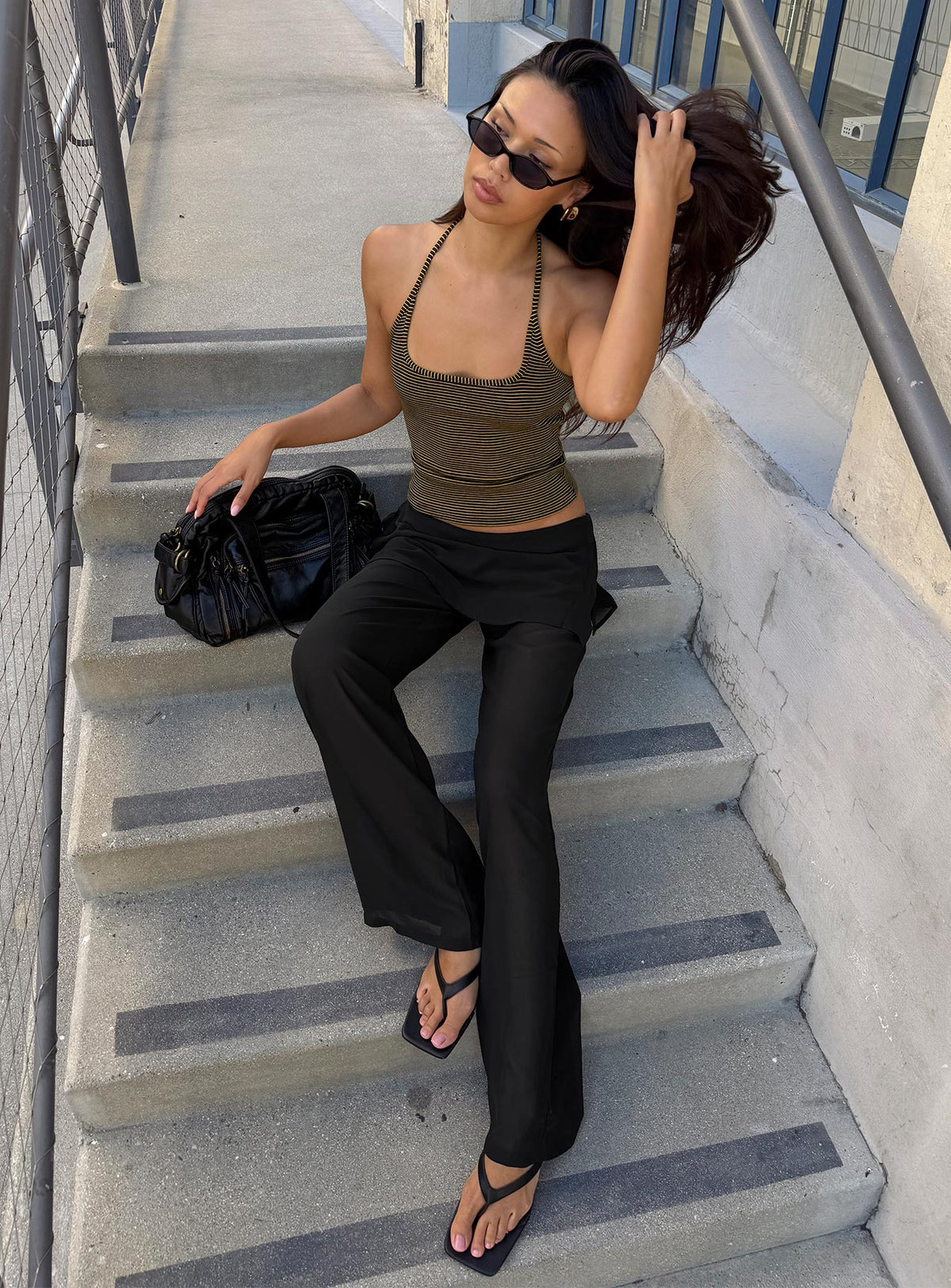 front view of model wearing Princess Polly Jaedon Chiffon Layered Pants Black Mid Rise Pants Pants 