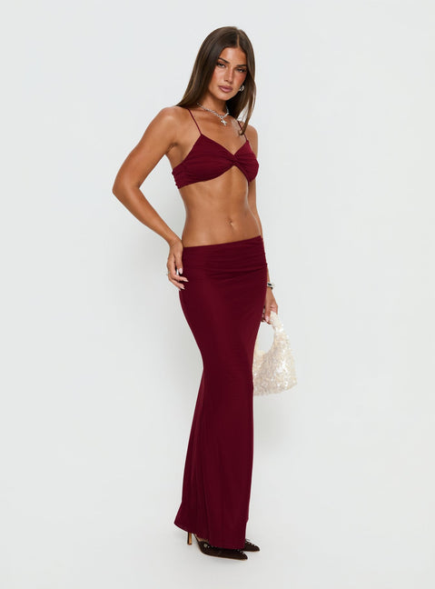   side view of model wearing Princess Polly Delores Ruched Maxi Skirt Red Maxi Skirts Skirts 