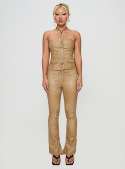 front view of model wearing Princess Polly Roddie Lace Up Pants Brown Low Rise Pants Pants 