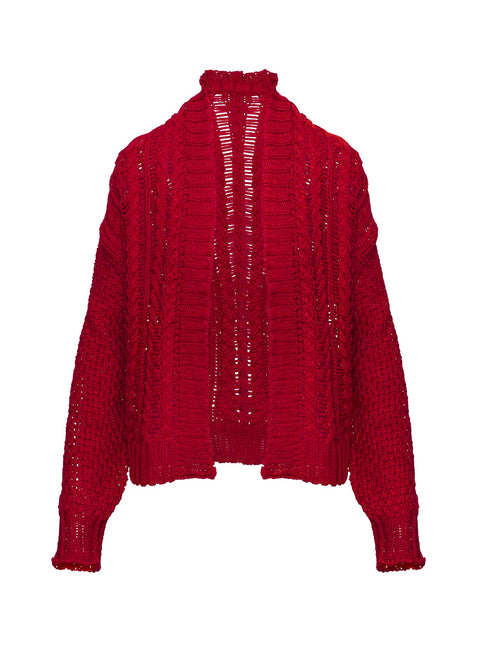 back view of model wearing Princess Polly Abner Cable Cardigan Red Longline Jumpers Jumpers 