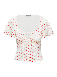 back view of model wearing Princess Polly Adrienna Flutter Blouse White / Red Short Sleeves Sweetheart 