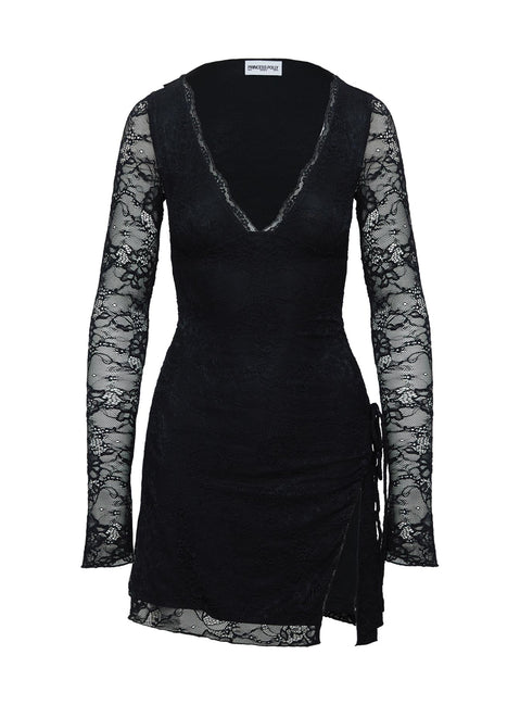 back view of model wearing Princess Polly Airabella Lace Mini Dress Black Petite Plunger 