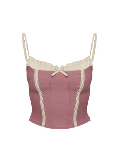 back view of model wearing Princess Polly Alexa Corset Top Pink Sleeveless Square Neck 