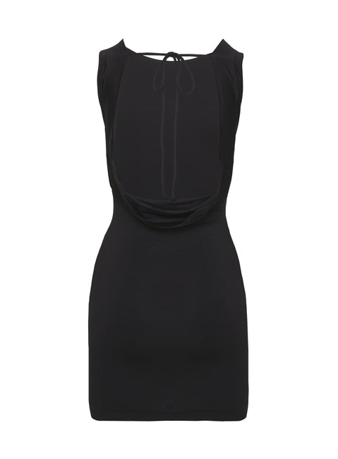 back view of model wearing Princess Polly Alexandros Mini Dress Black Crew Neck 