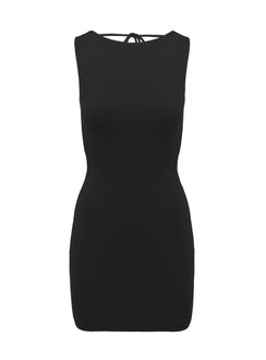 back view of model wearing Princess Polly Alexandros Mini Dress Black Crew Neck 