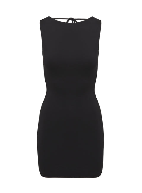 back view of model wearing Princess Polly Alexandros Mini Dress Black Crew Neck 