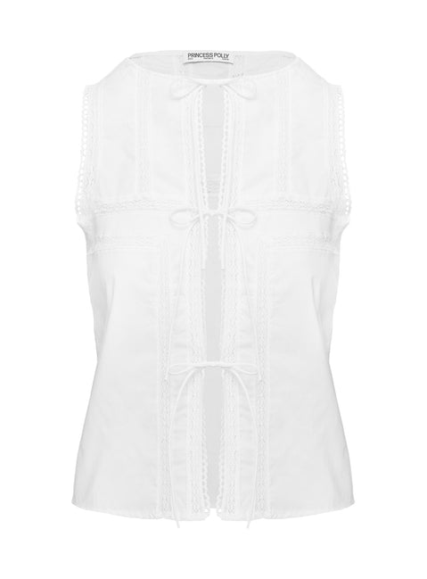 side view of model wearing Princess Polly Angourie Blouse Top White Sleeveless Crew Neck 