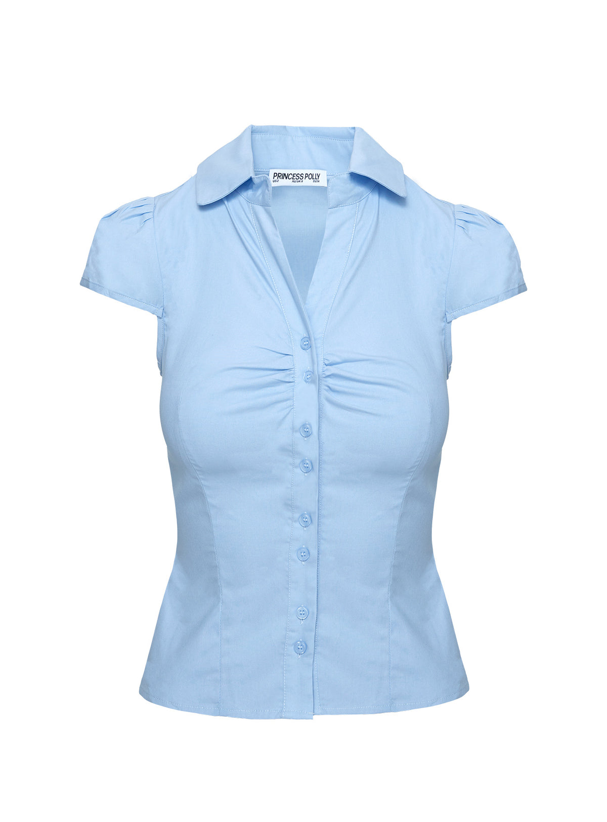 back view of model wearing Princess Polly Arianwyn Top Blue Short Sleeves V-Neck 