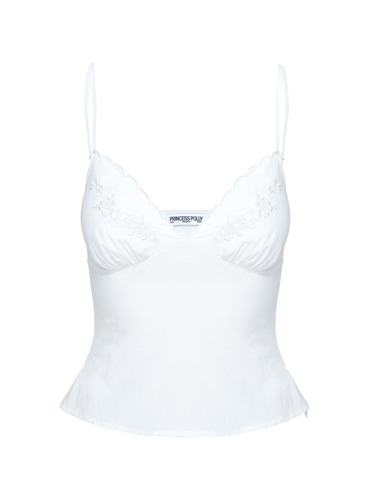 side view of model wearing Princess Polly Aruba Embroidered Cami White Sleeveless Plunger 