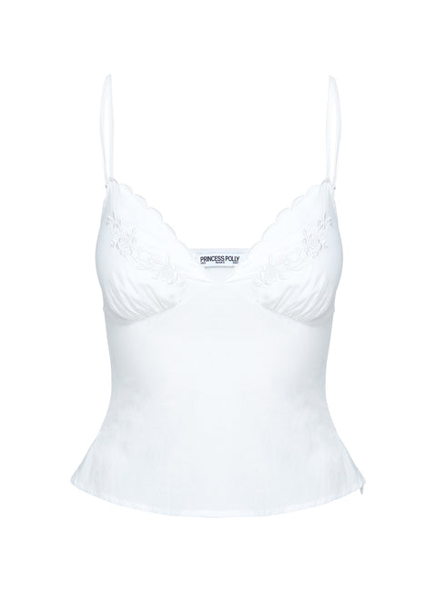 side view of model wearing Princess Polly Aruba Embroidered Cami White Sleeveless Plunger 