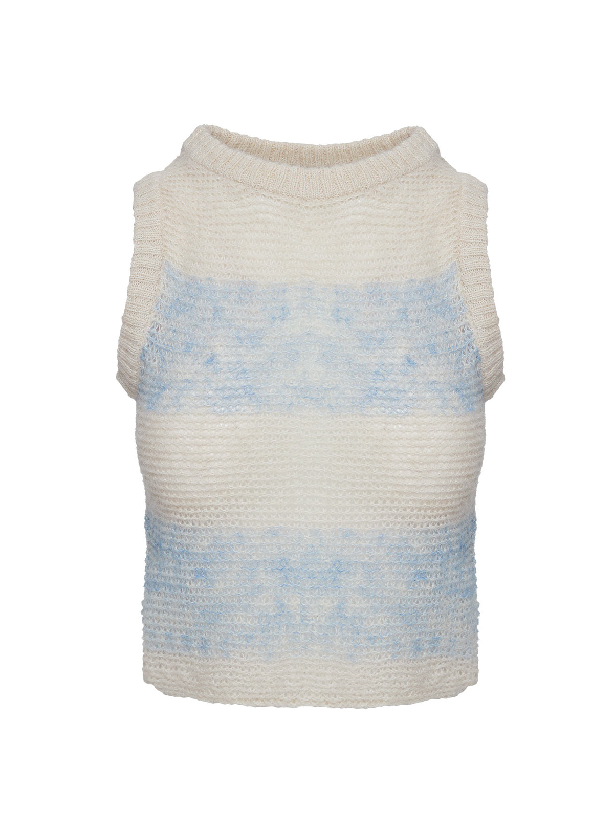 side view of model wearing Princess Polly Asumi Knit Top Cream/blue Cropped Jumpers Jumpers 