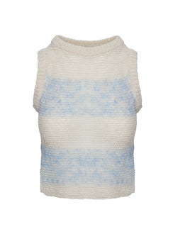 side view of model wearing Princess Polly Asumi Knit Top Cream/blue Cropped Jumpers Jumpers 
