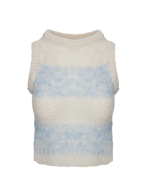 side view of model wearing Princess Polly Asumi Knit Top Cream/blue Cropped Jumpers Jumpers 