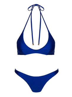Bikini top Halter style, shine material, tie fastening, gold-toned hardware, clasp fastening
