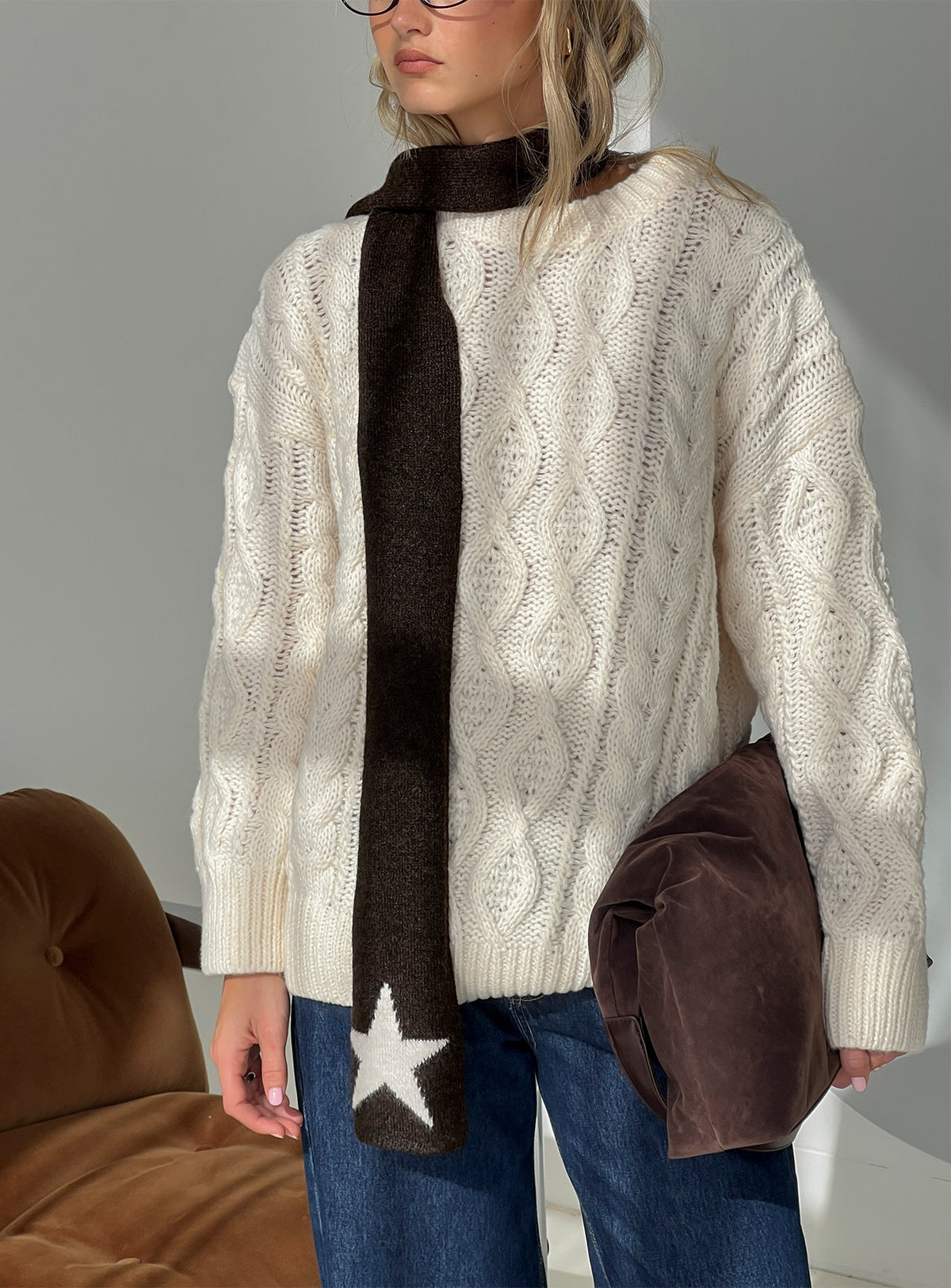 Abelia Star Graphic Scarf Brown / Cream