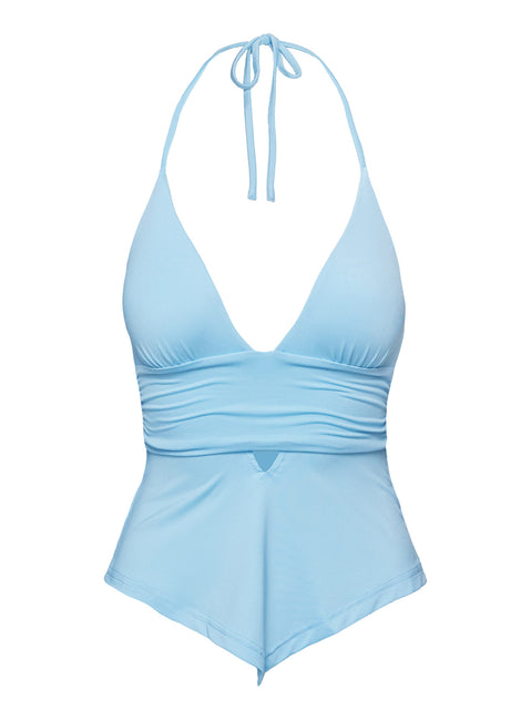back view of model wearing Princess Polly Averee Halter Top Blue Sleeveless Plunger 