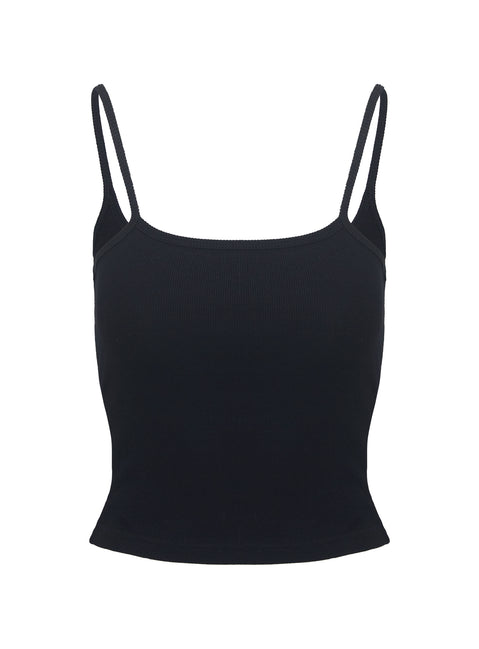 back view of model wearing Princess Polly Baseline Rib Top Black Sleeveless Square Neck 