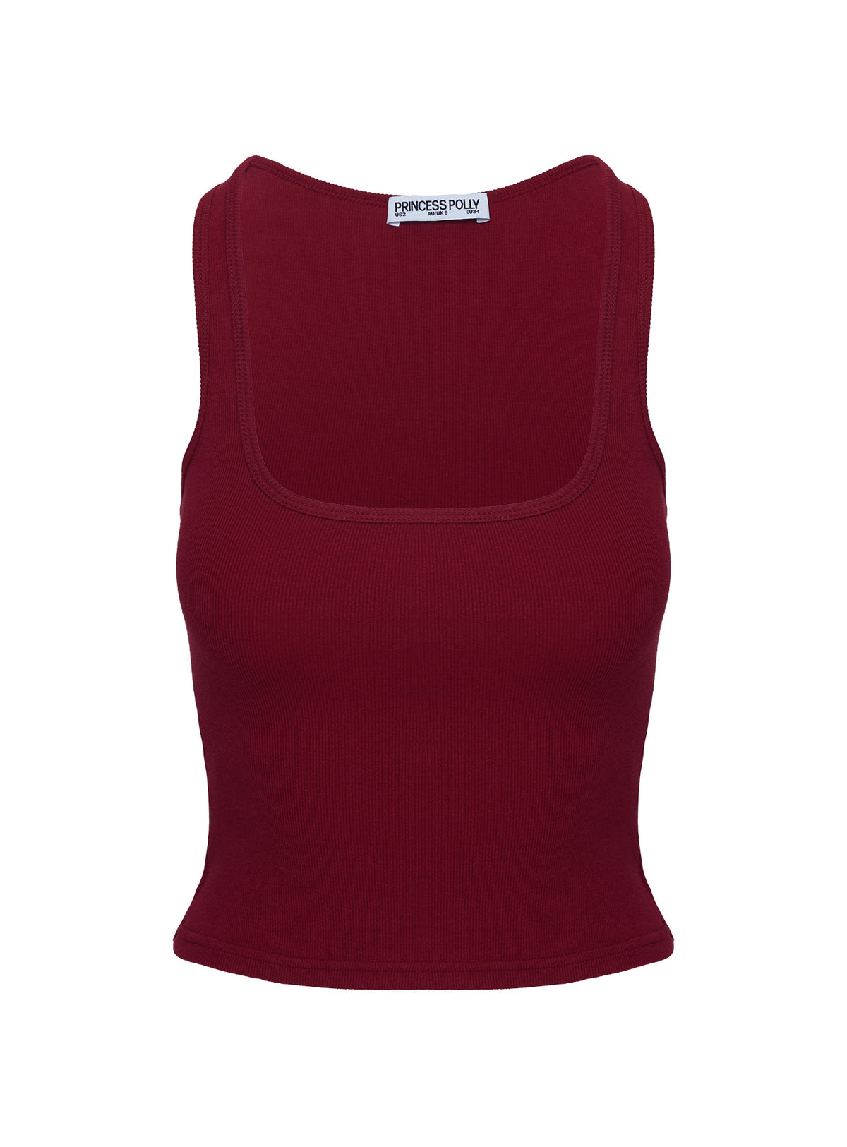 back view of model wearing Princess Polly Baseline Square Neck Rib Tank Top Red Sleeveless Square Neck 