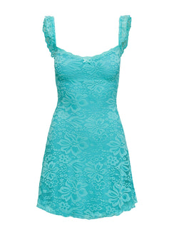 side view of model wearing Princess Polly Beacall Mini Dress Aqua Scoop Neck 