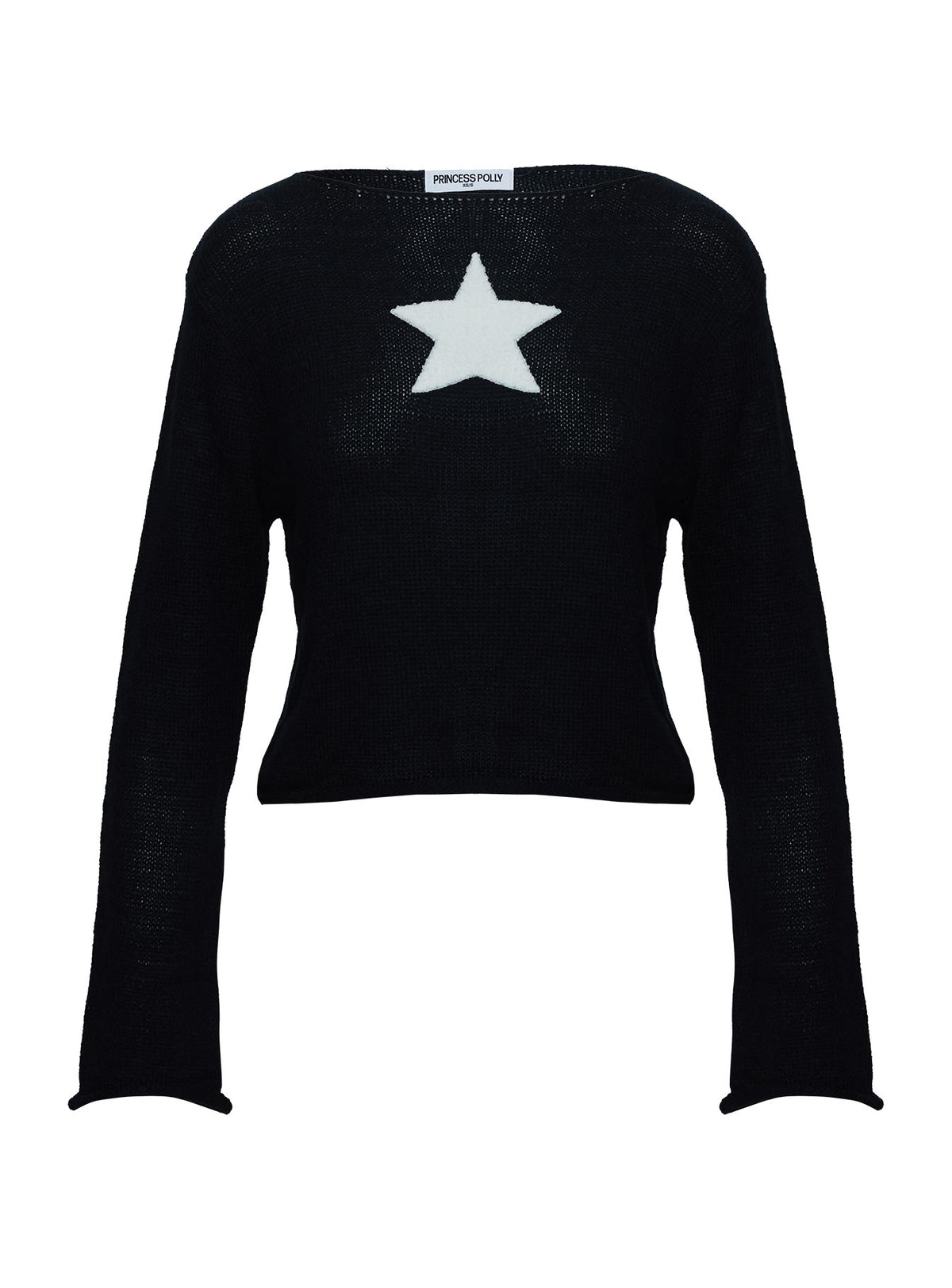 back view of model wearing Princess Polly Big Star Knit Sweater Black Cropped Jumpers Jumpers 