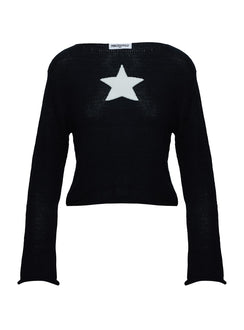 back view of model wearing Princess Polly Big Star Knit Sweater Black Cropped Jumpers Jumpers 
