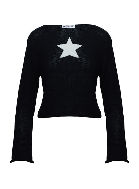 back view of model wearing Princess Polly Big Star Knit Sweater Black Cropped Jumpers Jumpers 