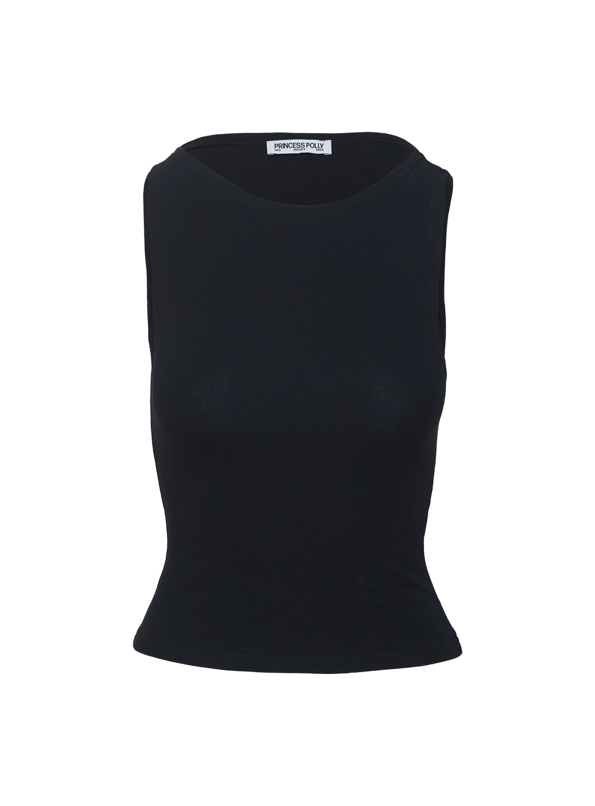 side view of model wearing Princess Polly Bleeker High Neck Top Black Sleeveless Boat Neck 